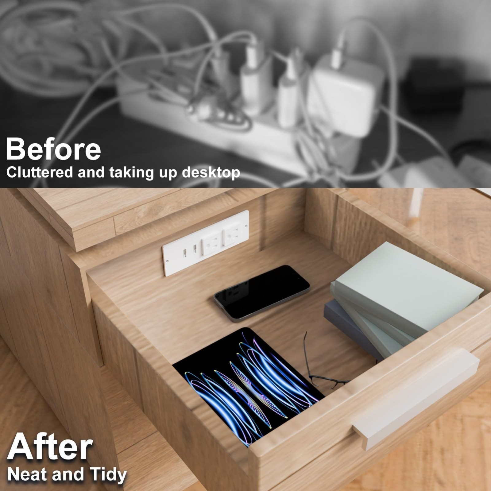 In-Drawer Outlet Kit with 2 AC 15Amp Outlets & USB Ports for Home Organization