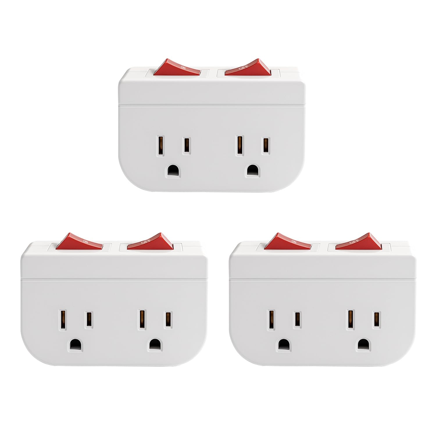 Grounded Outlet Wall Tap Adapter With Red Indicator On/Off Switch 3 PK Double
