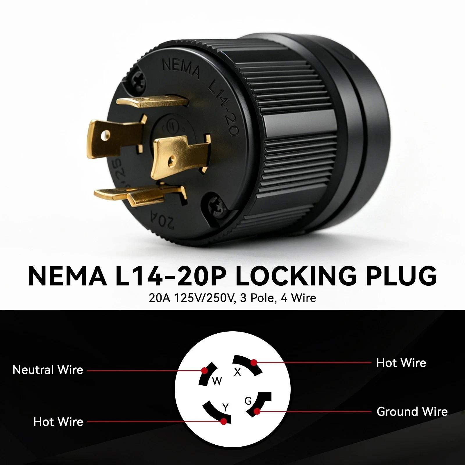 NEMA L14-20P Twist Lock Plug – 20 Amp Generator Connector 125/250V 4 Wire