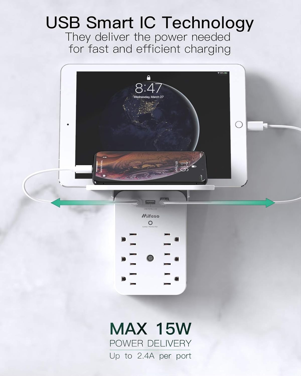 Wall Outlet Extender with Surge Protector 6 AC Outlets Shelf 2 USB & USB C