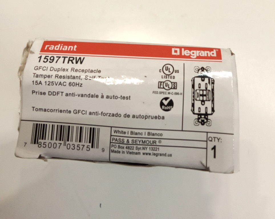Legrand 1597TRW GFCI Duplex Receptacle Tamper Resistant Self-Test 15A 125VAC WH