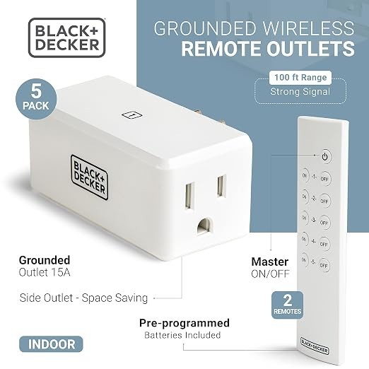BLACK+DECKER Wireless Remote-Control Outlet, Pack of 5 Outlets, 2 Remotes