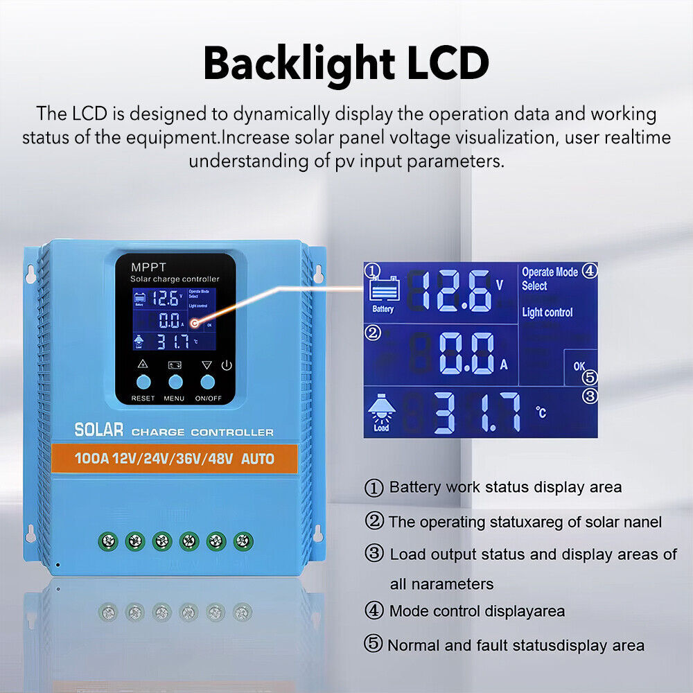4800W MPPT Solar Charge Controller 100A/12V 24V 36V 48V USB Battery PV Regulator