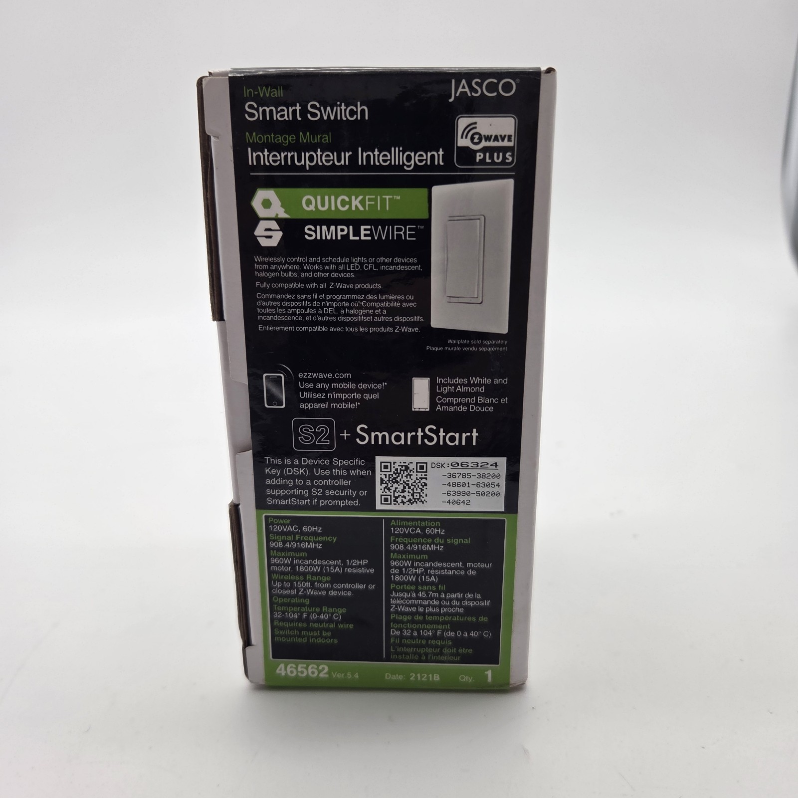 Jasco 46562 Ver 5.4 Z-Wave Plus QuickFit In-Wall Smart Switch 030878465625 – NEW