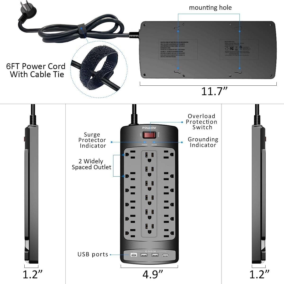 18 Outlets Surge Protector Power Strip – 6 Feet Flat Plug Heavy Duty Extensio…