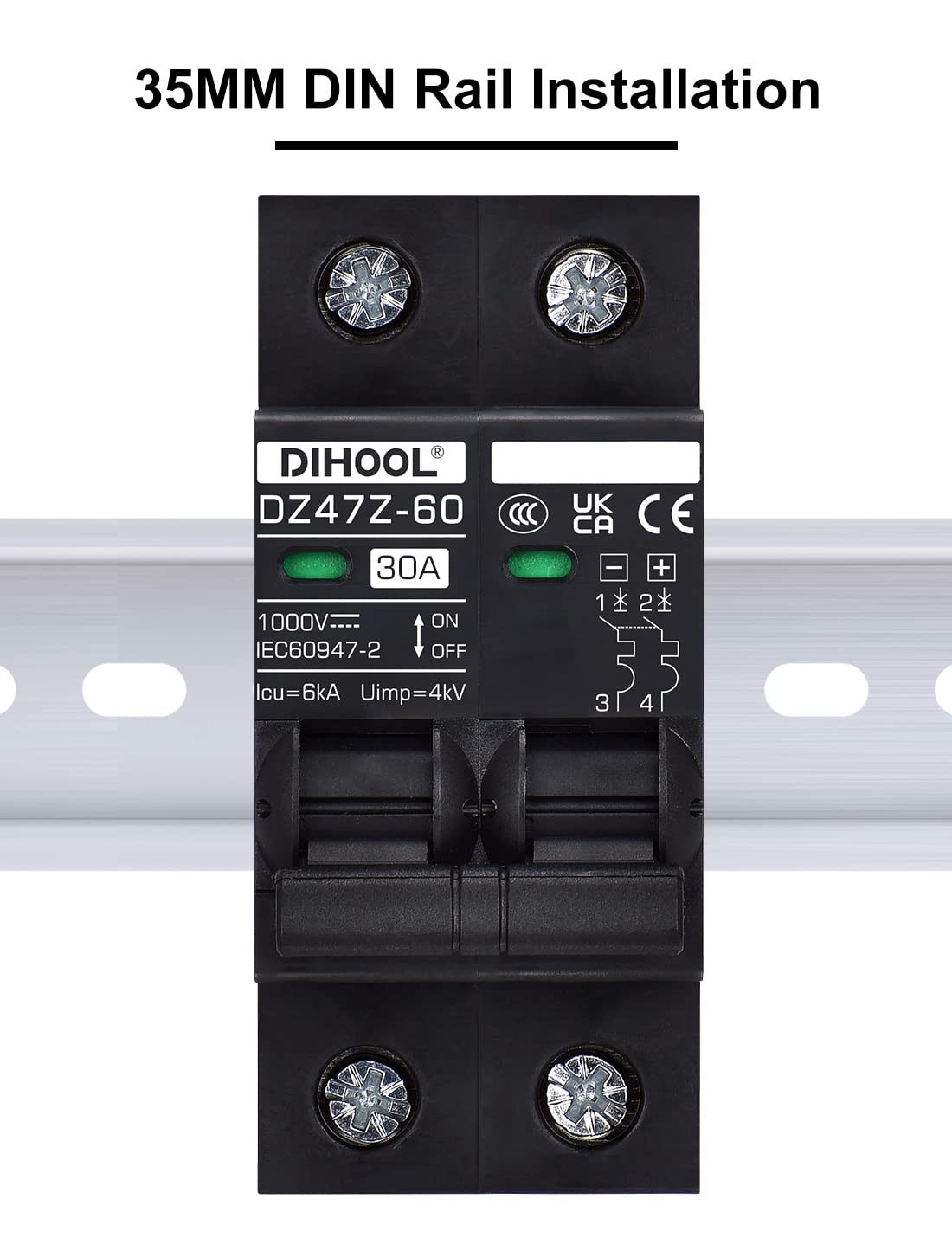 Dihool 30 Amp Circuit Breaker Din Rail Mount Solar Disconnect Switch 2P 1000V