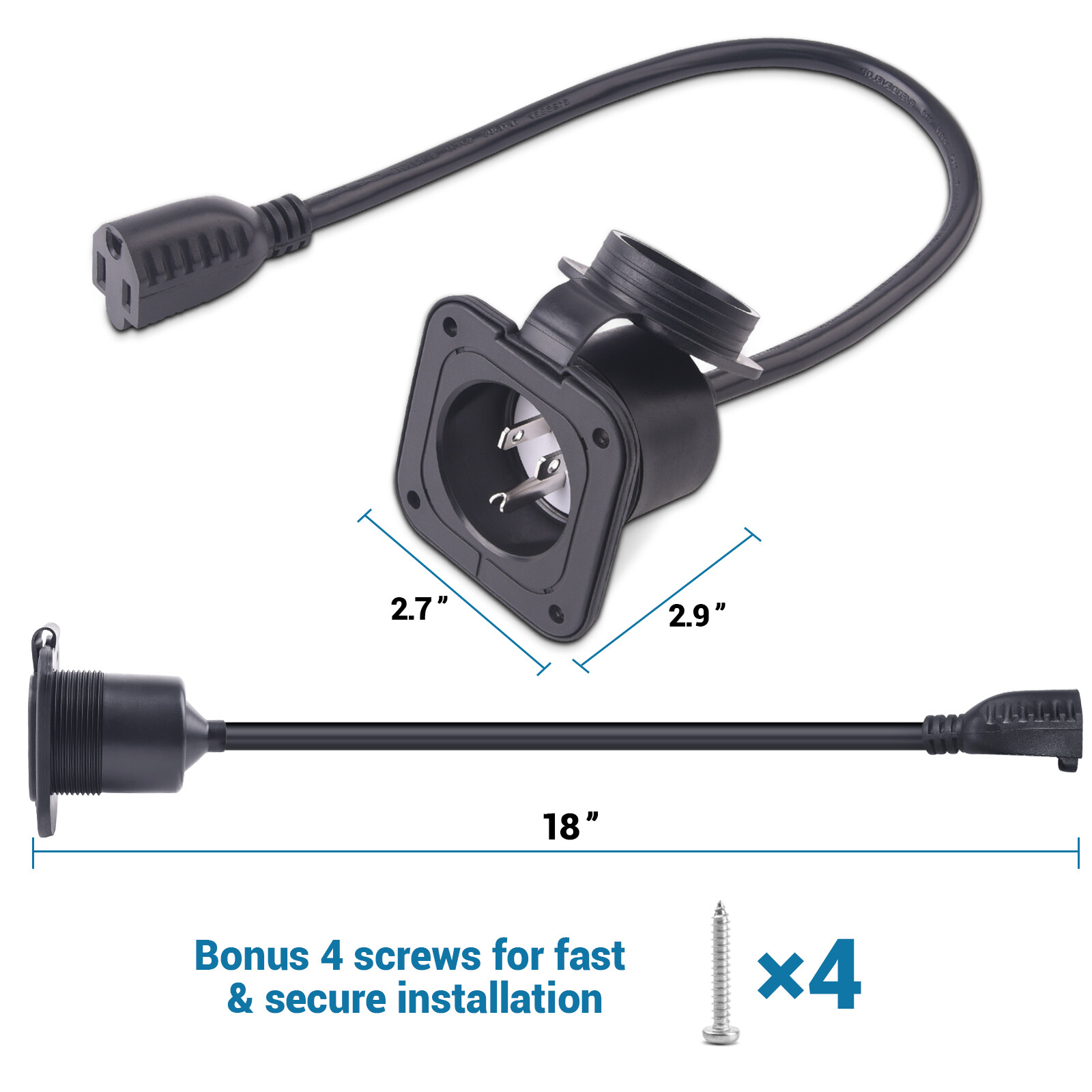 15Amp 125V AC Power Flanged Inlet Port Plug with 18″ Integrated Extension Cord
