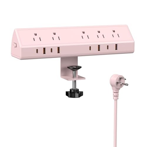 Desk Clamp Power Strip USB C 65W,Surge Protector,| Surge Protector,5 6 FT Pink