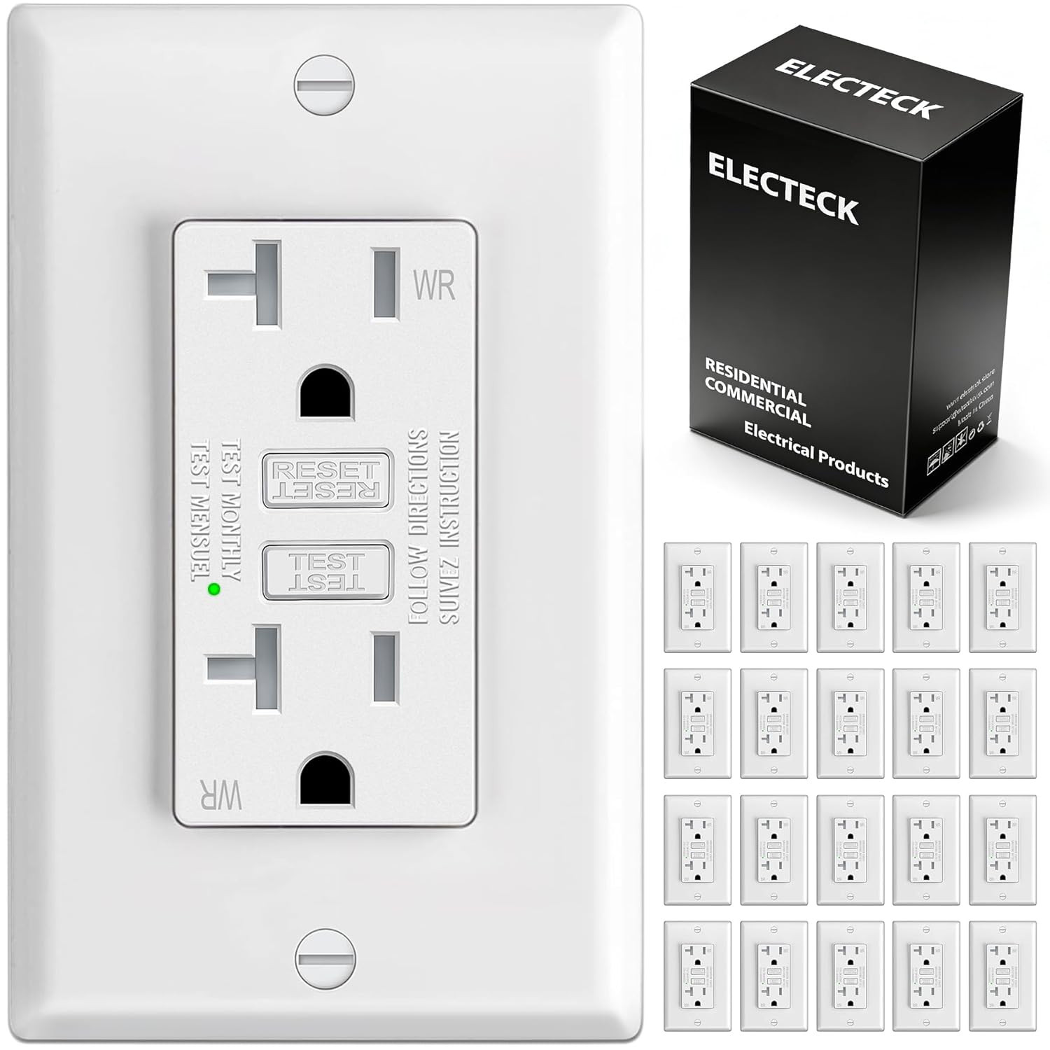 20 Pack GFCI Outlet 20 Amp, Outdoor Weather Resistant (WR), Ultra Slim GFI Recep