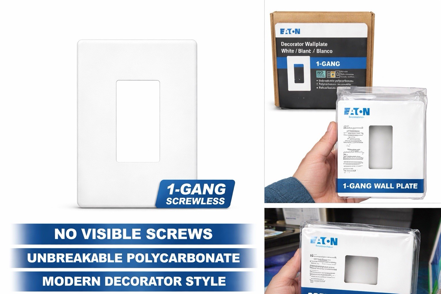 Box of 10- Eaton Decorator 1-Gang Wall Plate White Screwless Unbreakable