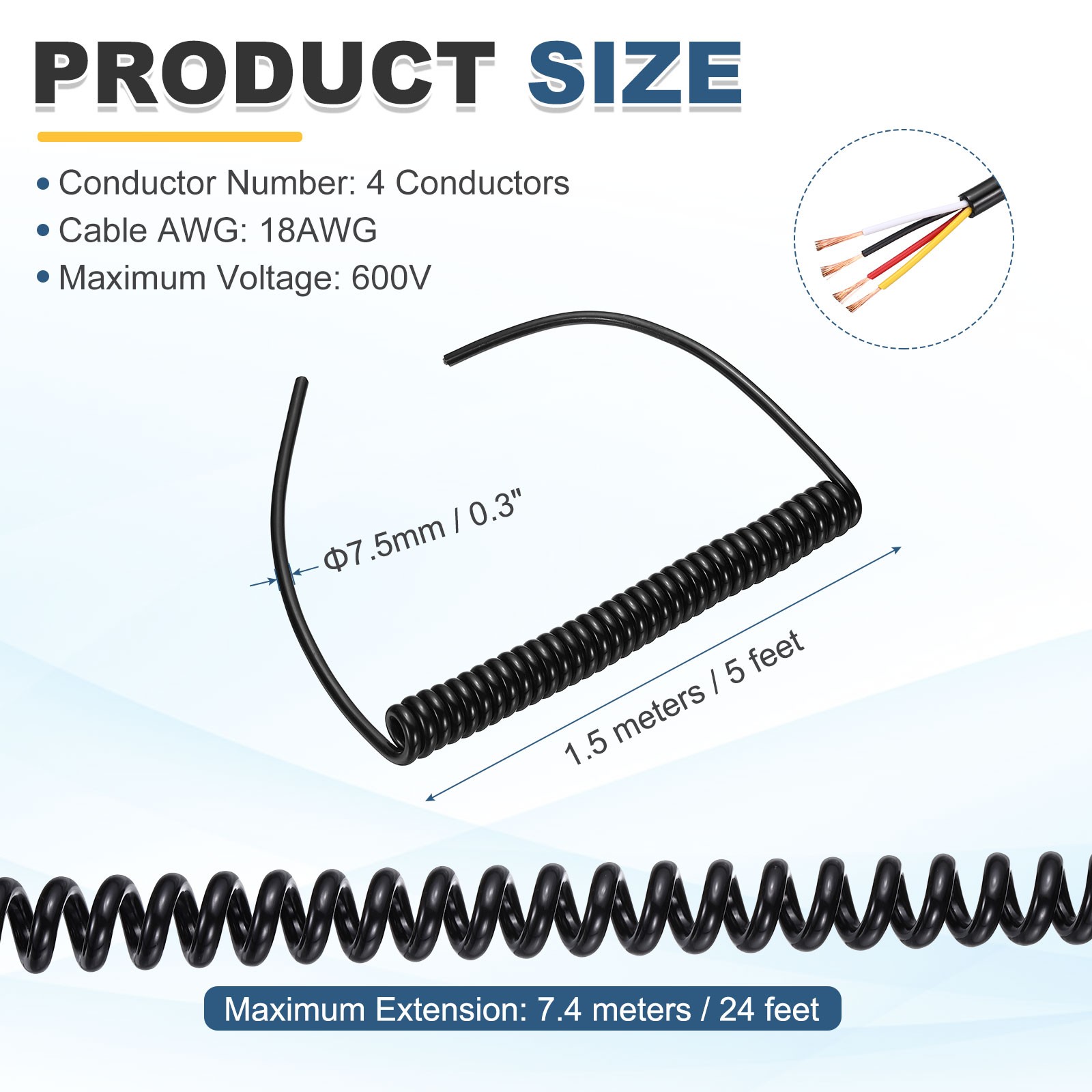 5ft Retractable Coiled Coil Cord, 4 Conductor 18AWG Spiral Power Cord Cable