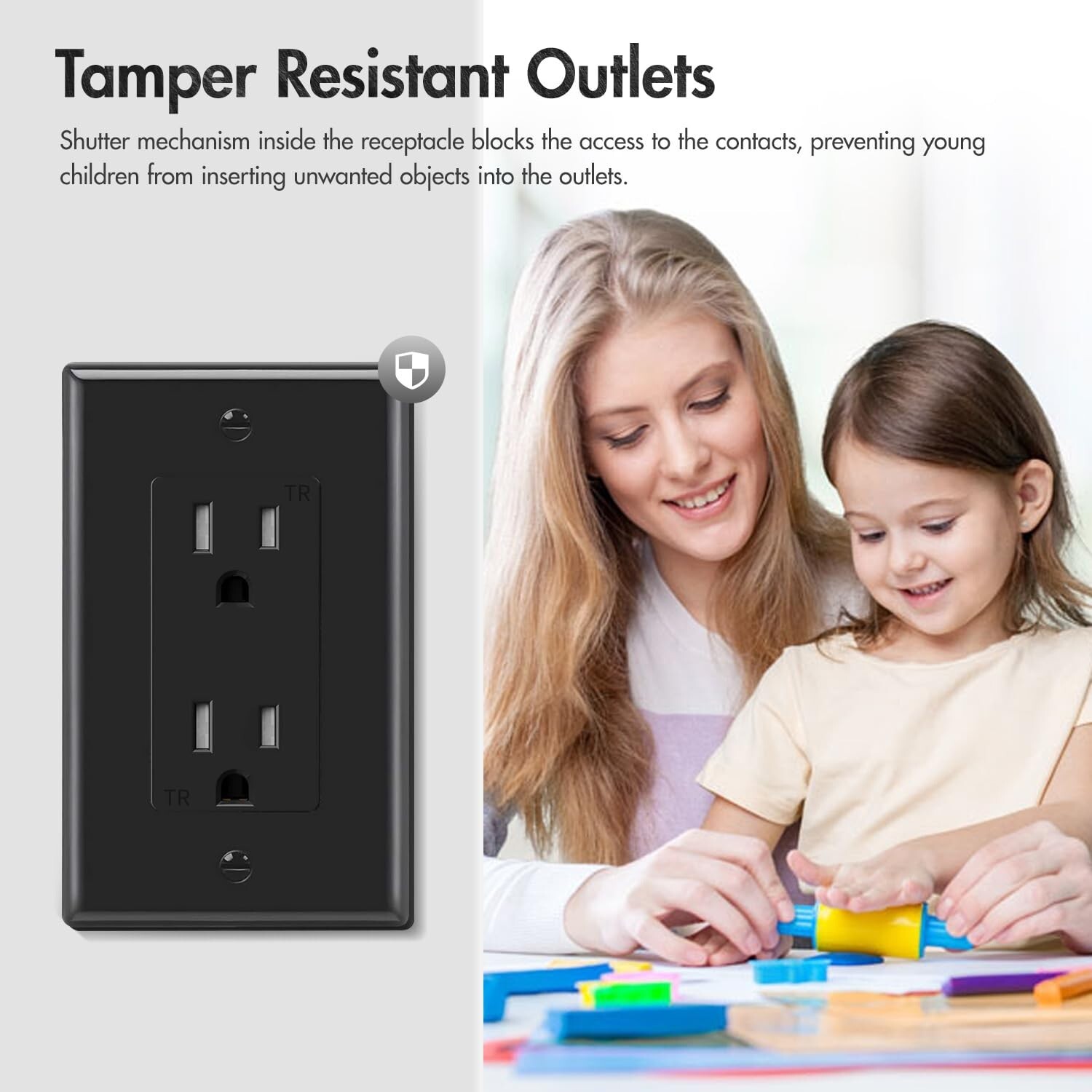 50Pack Black Outlet Socket, Decora Duplex Receptacle 15 Amp, 125 Volt With plate