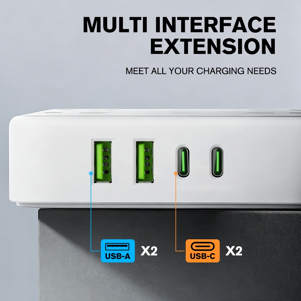 Flat Plug Power Strip with 8 Outlet Long Extension Cord USB Port Surge Protector