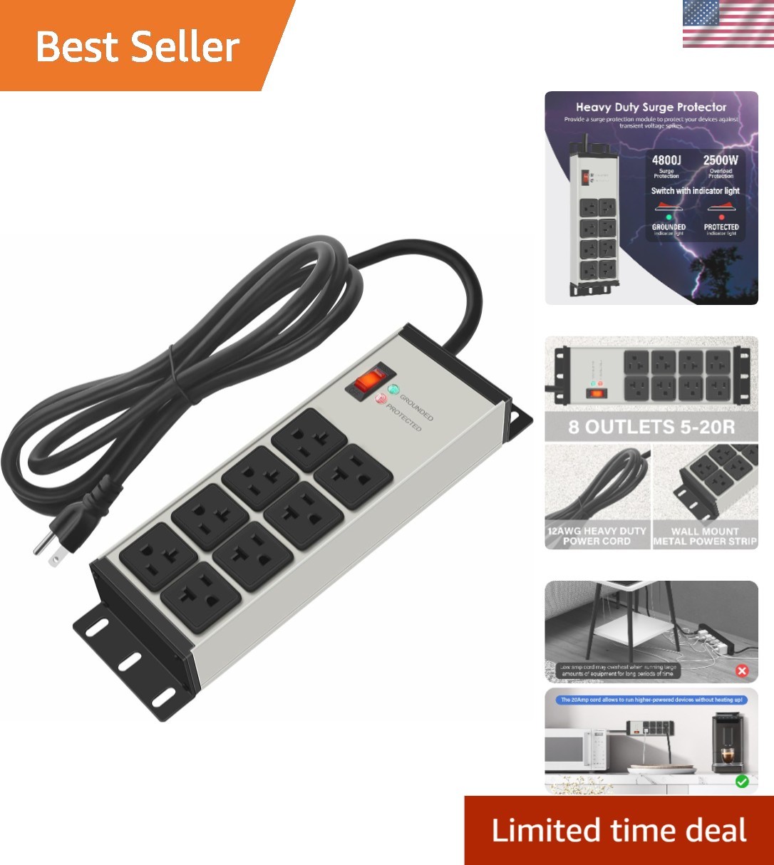 Heavy Duty Power Strip Surge Protector 20 AMP, 8 Outlets 12 Gauge Industrial …