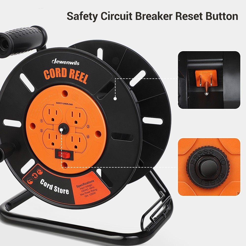 DEWENWILS Heavy Duty Extension Cord Reel with 15A Breaker, 4-Grounded Outlets