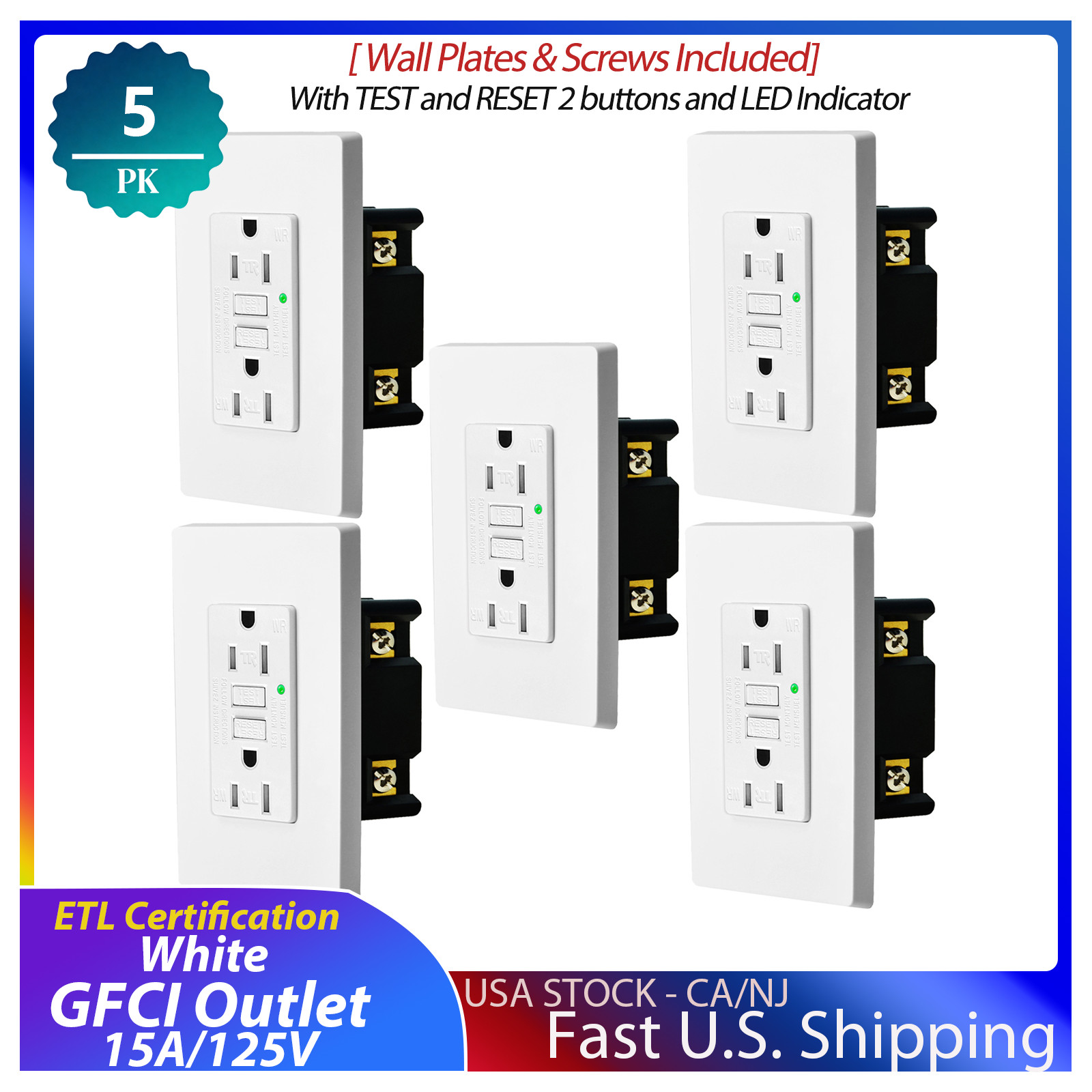 5-Pack 15 Amp GREENCYCLE GFI Electrical GFCI Outlet, Wall Plate Included White