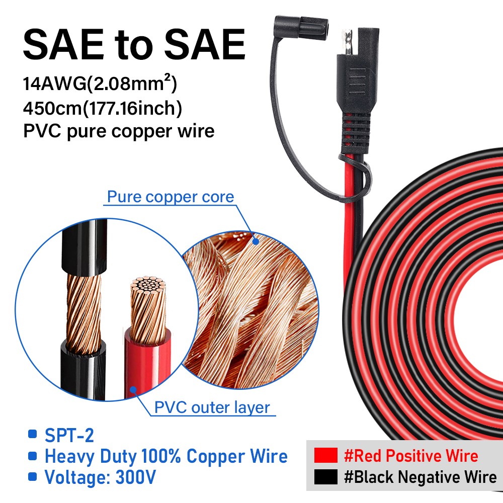 15ft SAE To SAE Battery Cable Tender Terminal Connector 14AWG Extension Cord USA