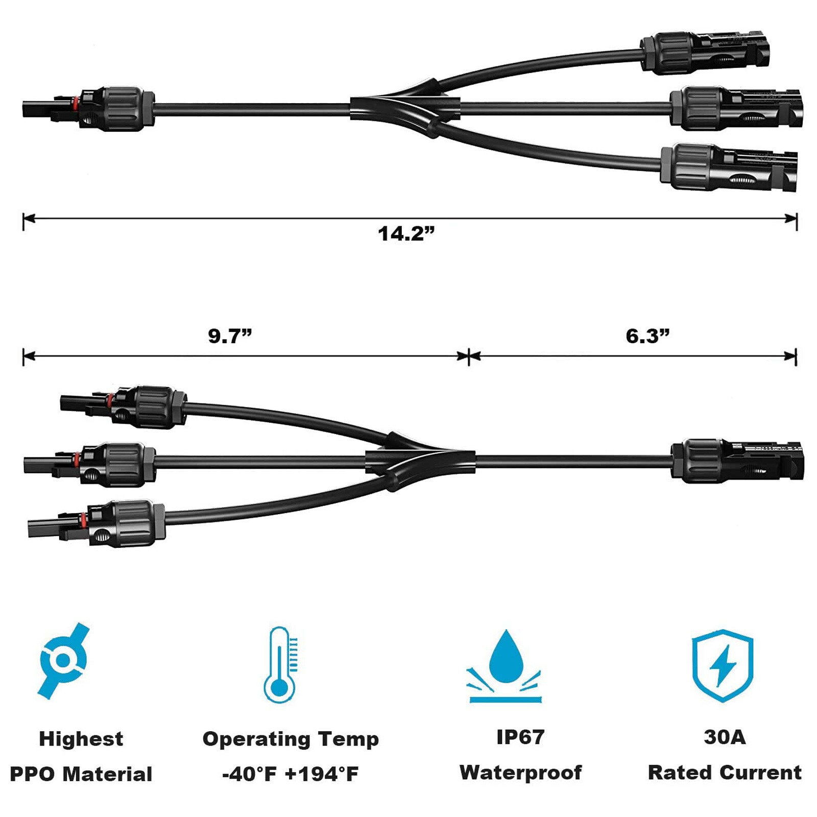 1 Pair 12AWG 1 to 3 Y Branch Solar Wiring Connector Solar Cable for Solar Panel