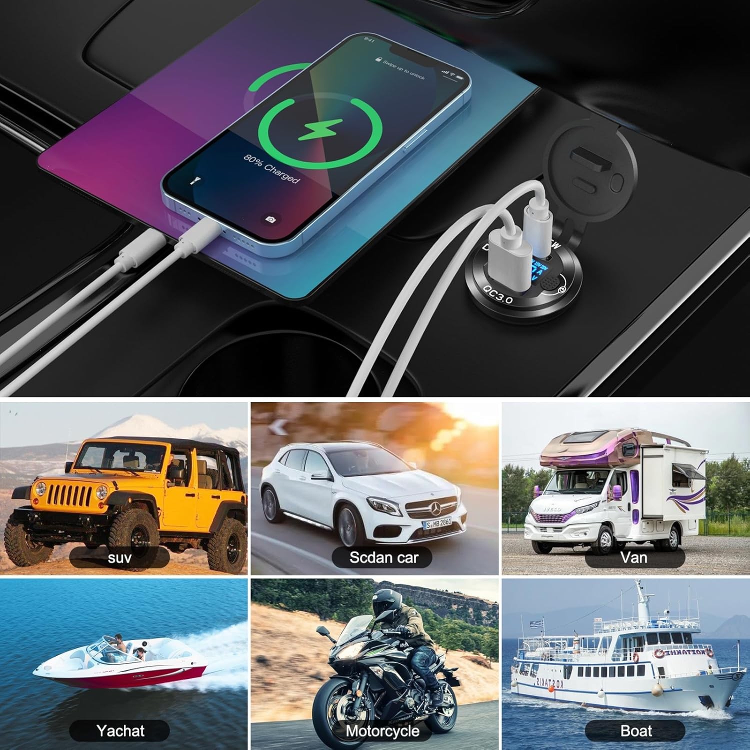 12V USB Outlet Aluminum Car Charger PD65W Port for Laptops, Quick Charge 3.0