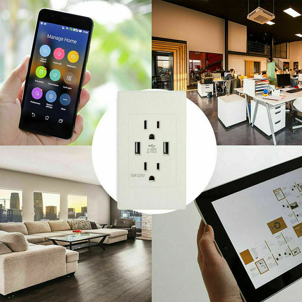 Dual USB Wall Outlet Fast Charger Port Socket 15A 3 Prong Electrical Receptacles