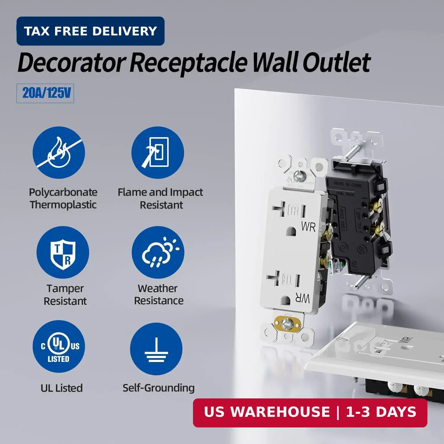 ELEGRP Glossy White Decorator Wall Receptacle Outlets, TR Tamper Resistant & WR