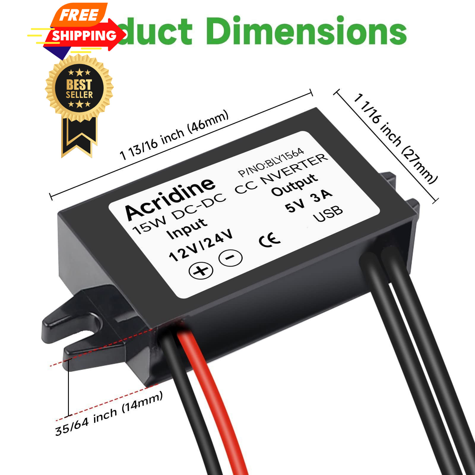 Acridine 12V 24V DC to 5V 3A USB Female Converter Adapter Buck Module Black