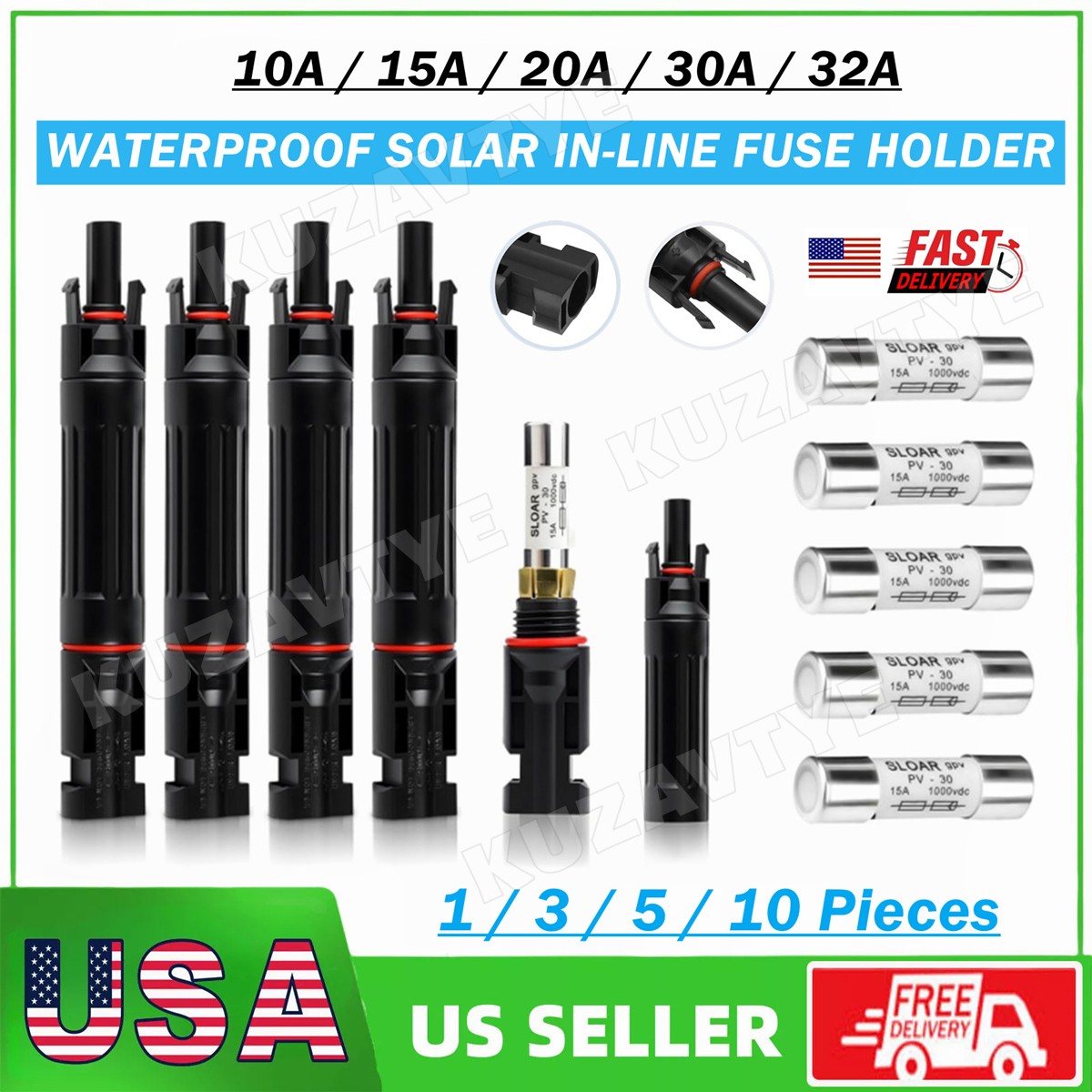 10A 15A 20A 30A 32A in-line Fuse Holder w/Fuses Solar Panel Connectors DC 1000V