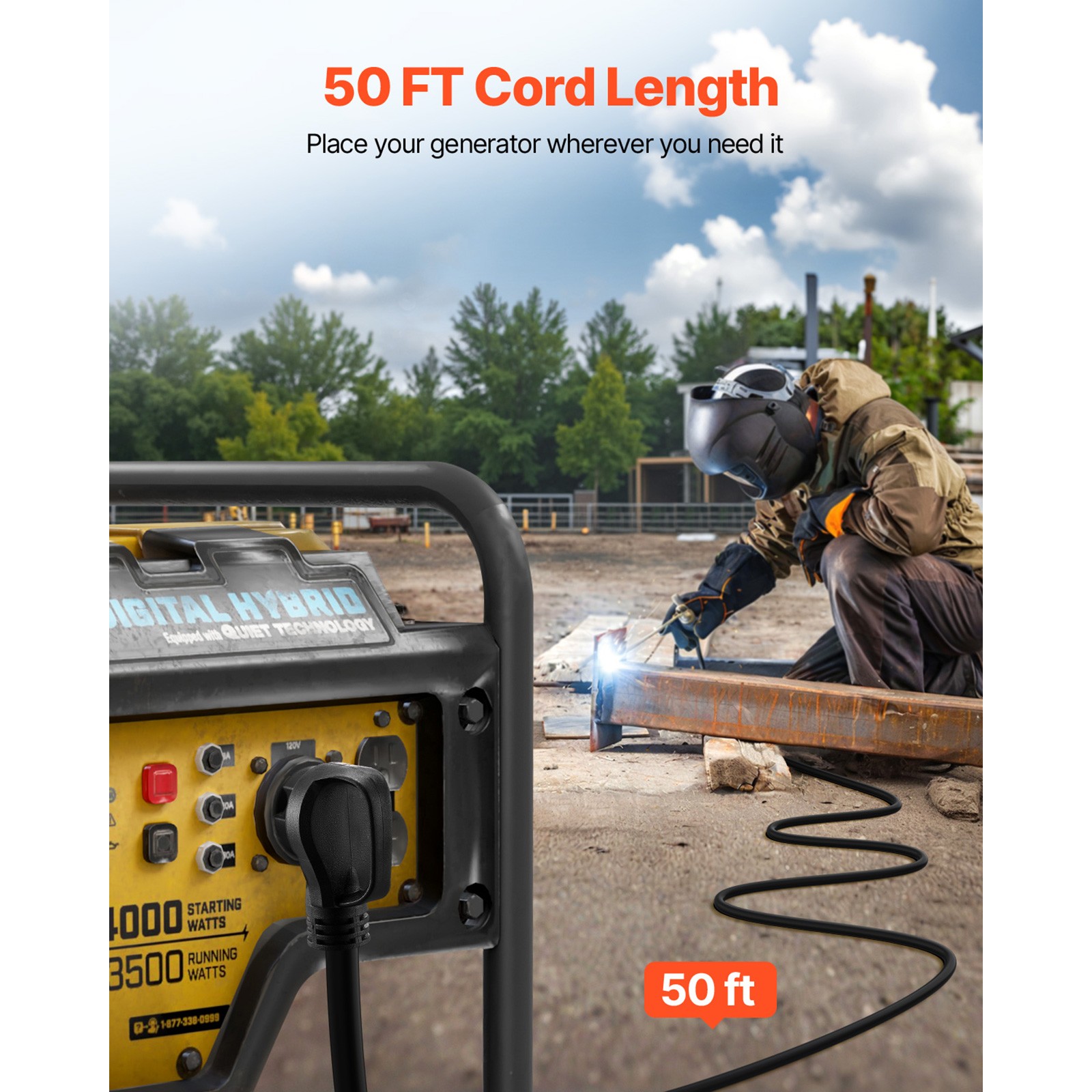 50A 50FT Generator Extension Cord 250V NEMA 6-50P to 6-50R 12500W Power