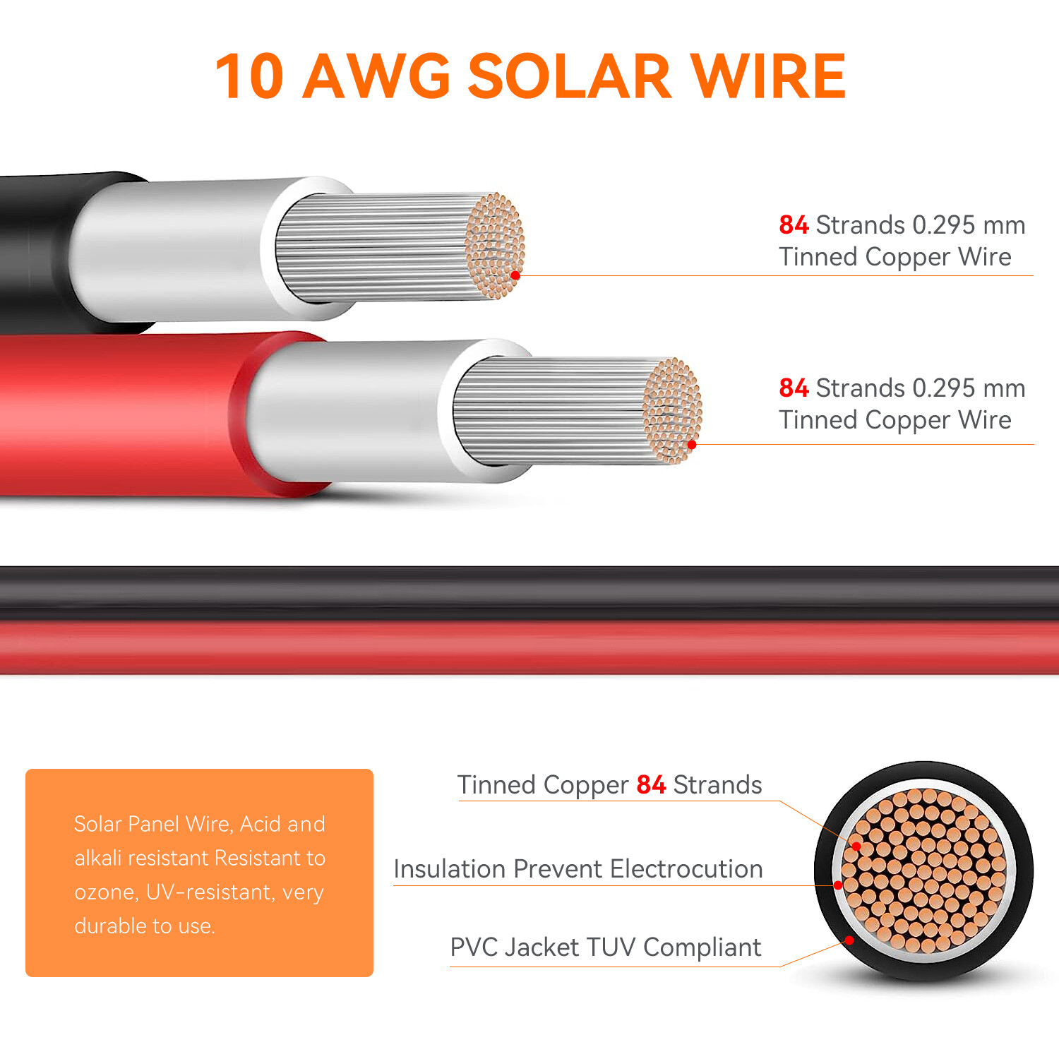 100FT 10 AWG Solar Panel Extension Cable PV Wire Solar Connectors Pair 6mm²