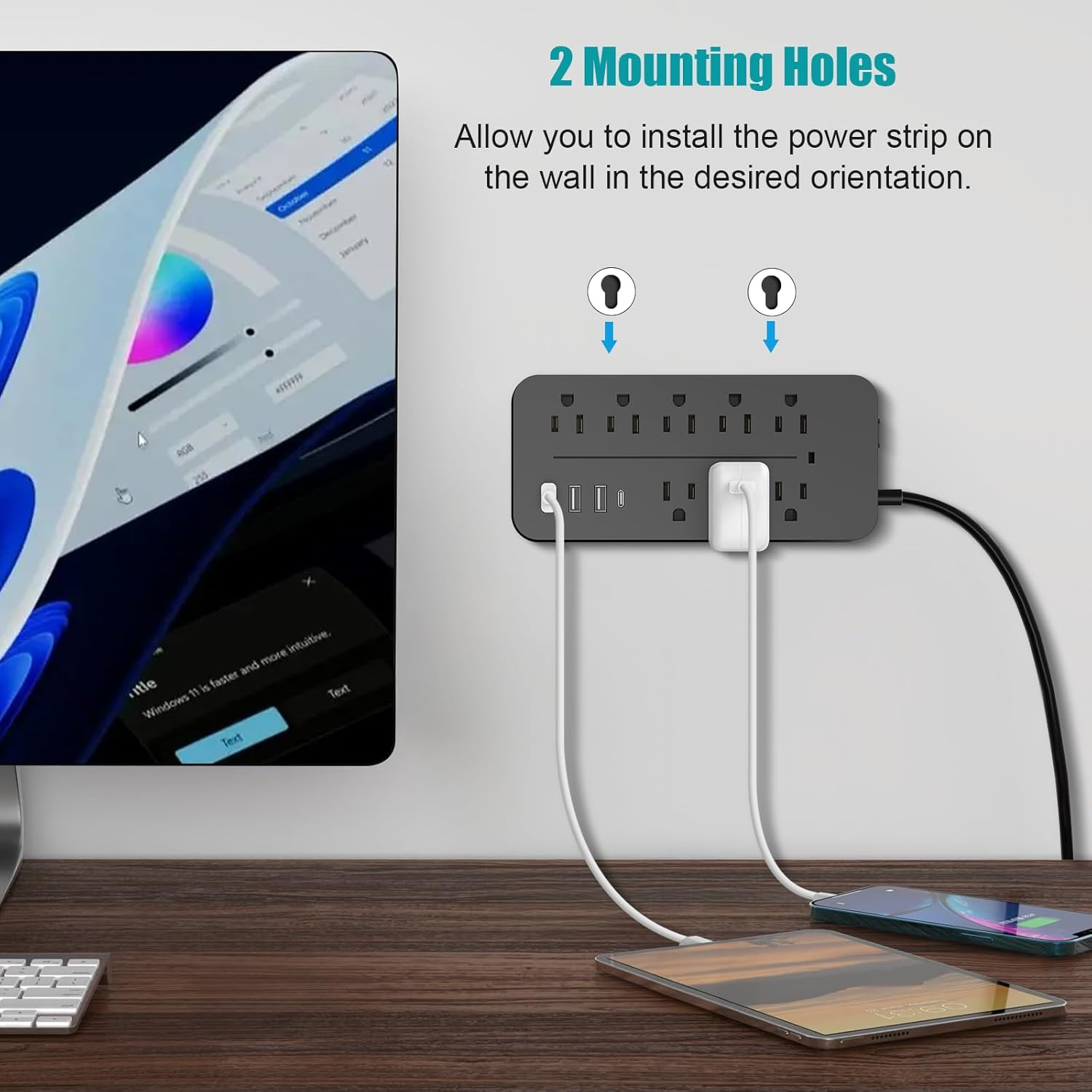 US Power Strip Surge Protector 8 AC Outlets 3 USB Ports + Type C Port 4 FT Cable