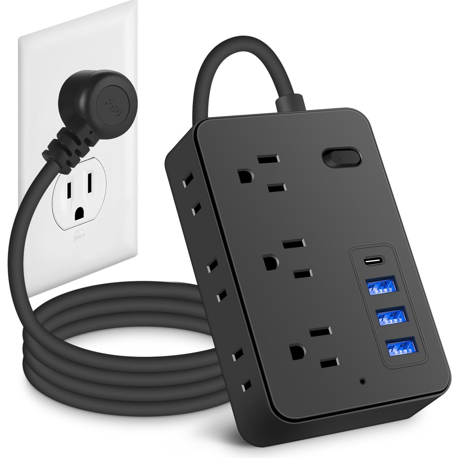 10-in-1 Power Strip USB Type-C Multi Plug Outlet w/ Switch 3.9ft Extension Cord