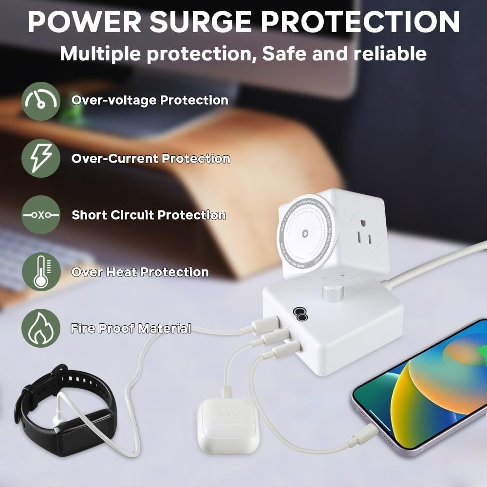 Smart Power Strip with 15W Wireless Charger – Safe & Stylish Charging Solution