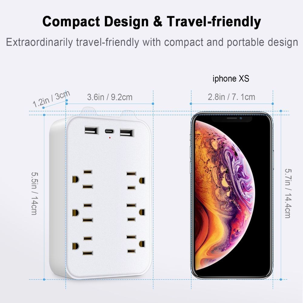 6 Outlet Extender Surge Protector Multi Plug Wall Adapter USB C Charger Ports