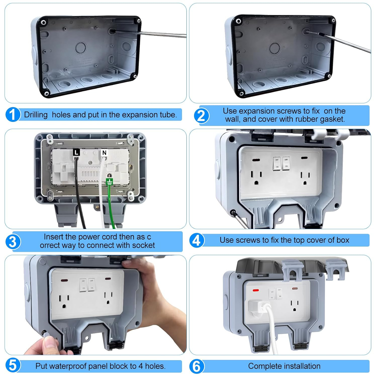 Double Outdoor Outlet with Box Waterproof IP66 Outdoor Electrical Receptacle, Ou