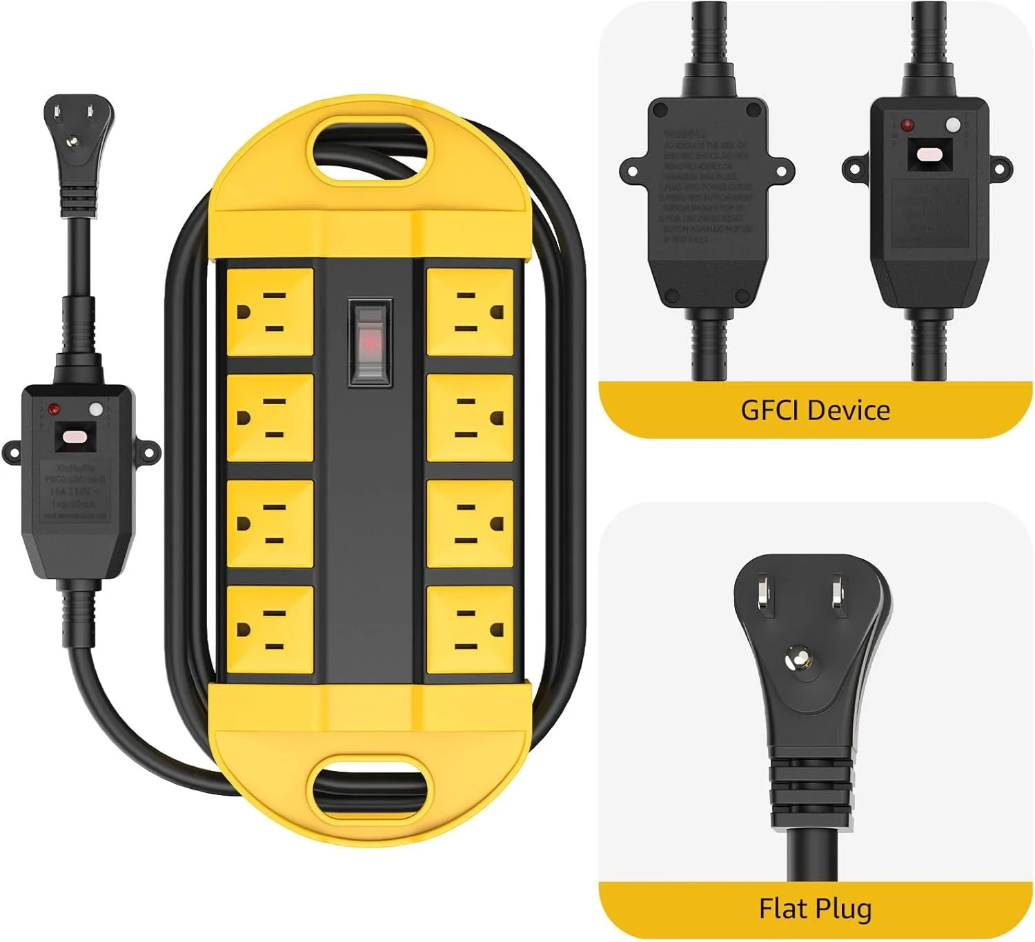 CCCEI GFCI Outdoor Power Strip Weatherproof with 8 AC, Waterproof Extension Cord