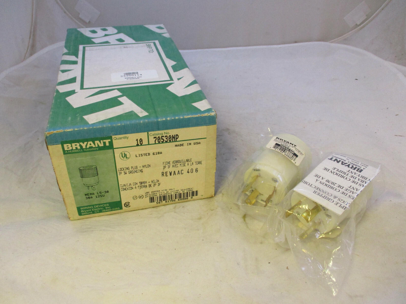 (QTY 2) BRYANT HUBBELL 70530NP LOCKING PLUG TWIST LOCK L5-30 30A 125V