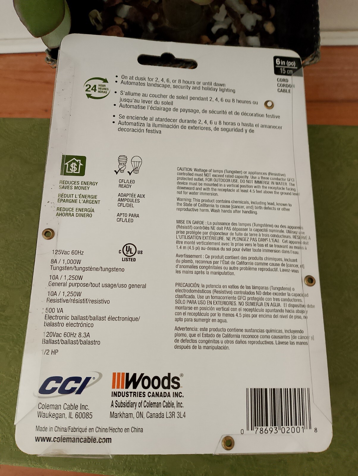 Woods Outdoor Lighting Timer Light Sensing Timer 24 Hours 6 Inch Cord New