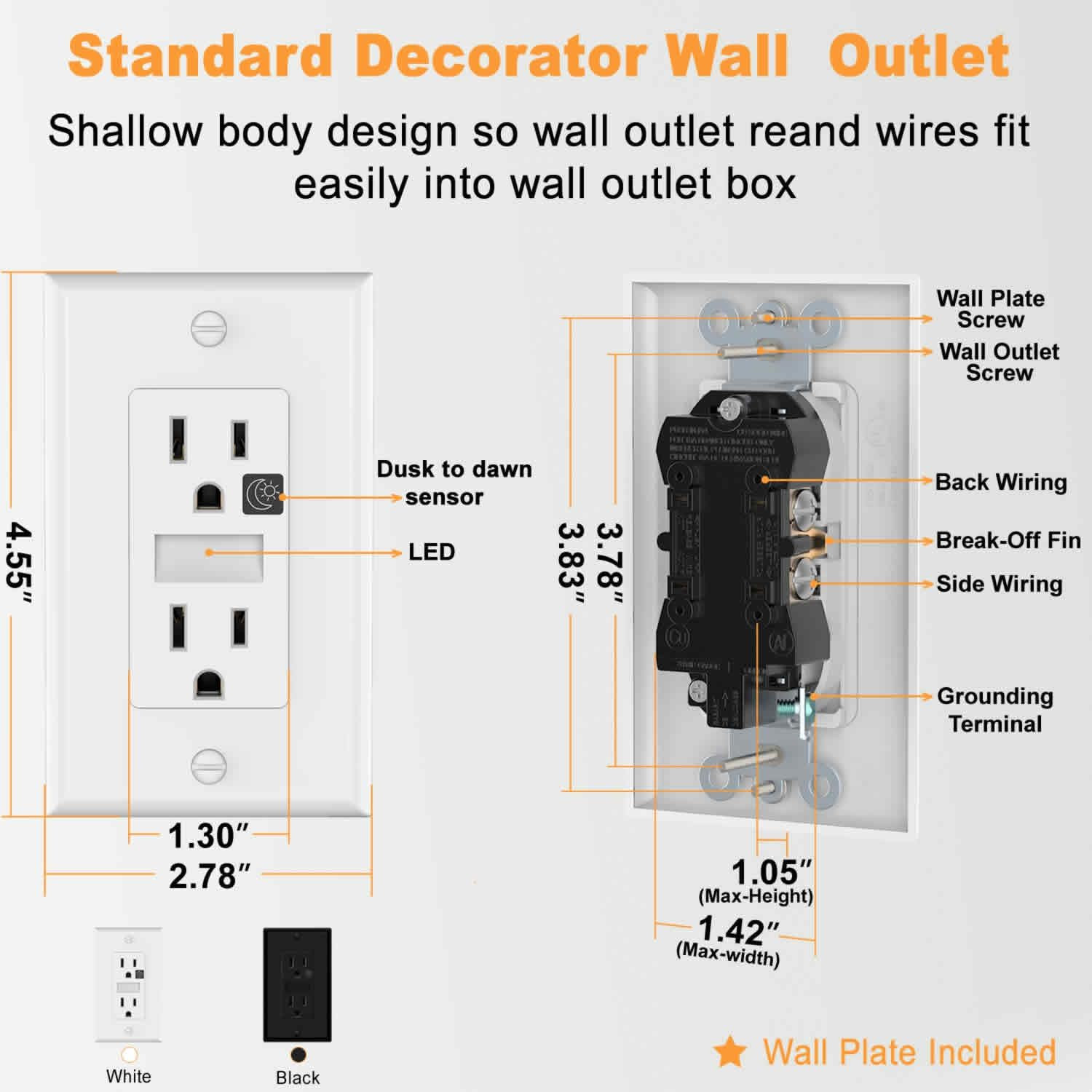Black Wall Outlet Receptacle with Night Light,Electrical Receptacle Outlets,15A