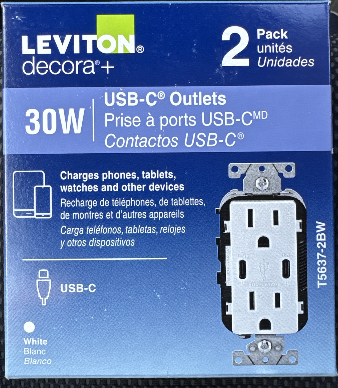 Leviton USB-C Outlets 30W T5637-2BW 6A USB Charger 15A-125V AC/CA White (2 Pack)