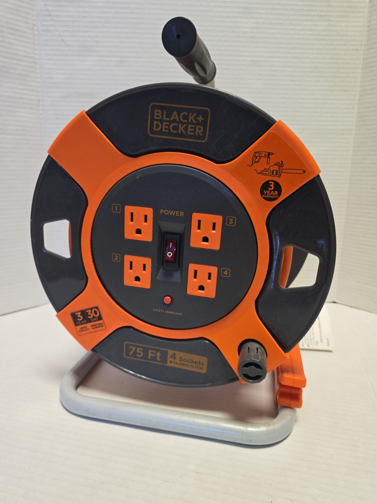 Black + Decker 75 Ft. Retractable Extension Cord Reel With 4 Outlets 14AWG/SJTW