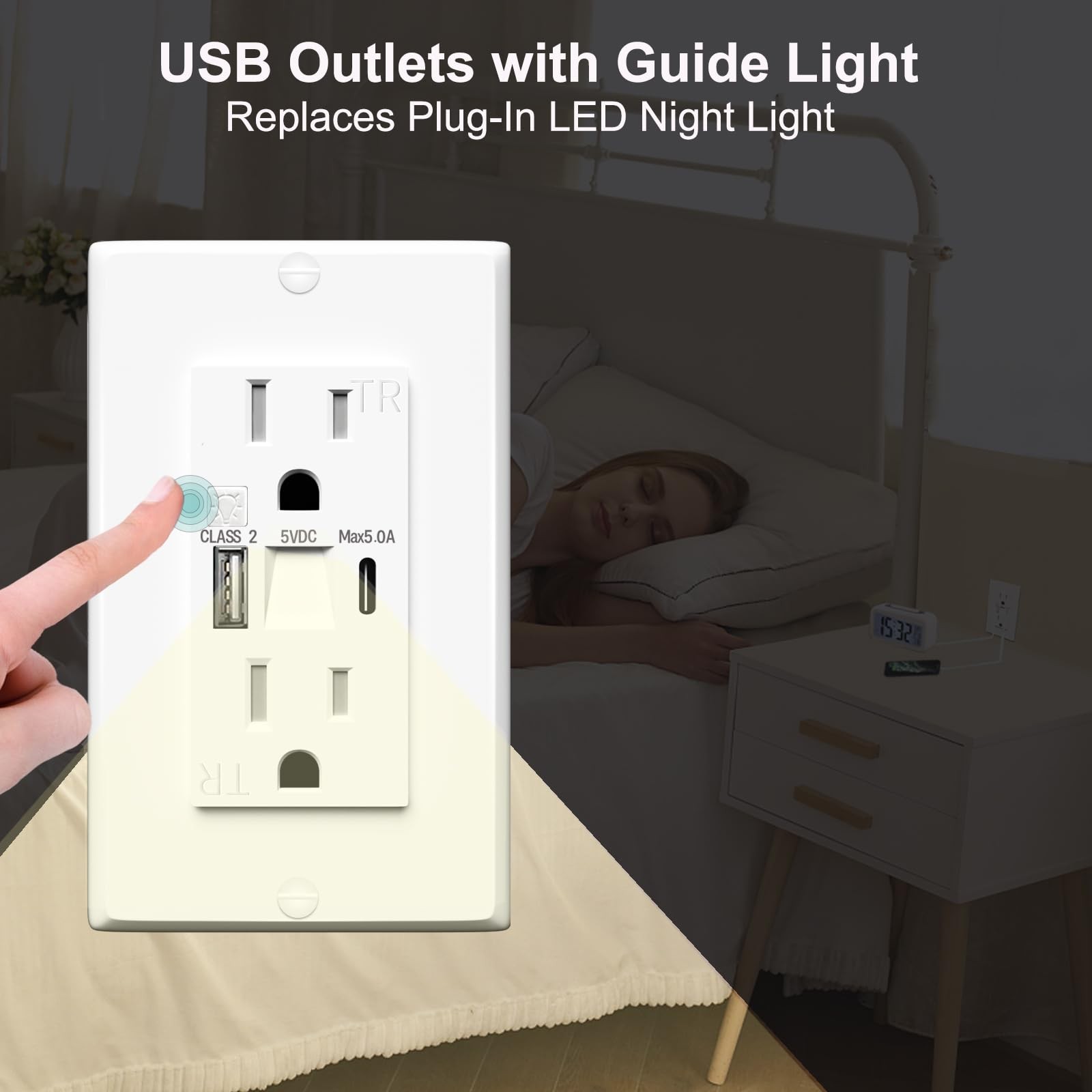 Wall Outlet with Night Light 15A USB A and C Ports Tamper Resistant White
