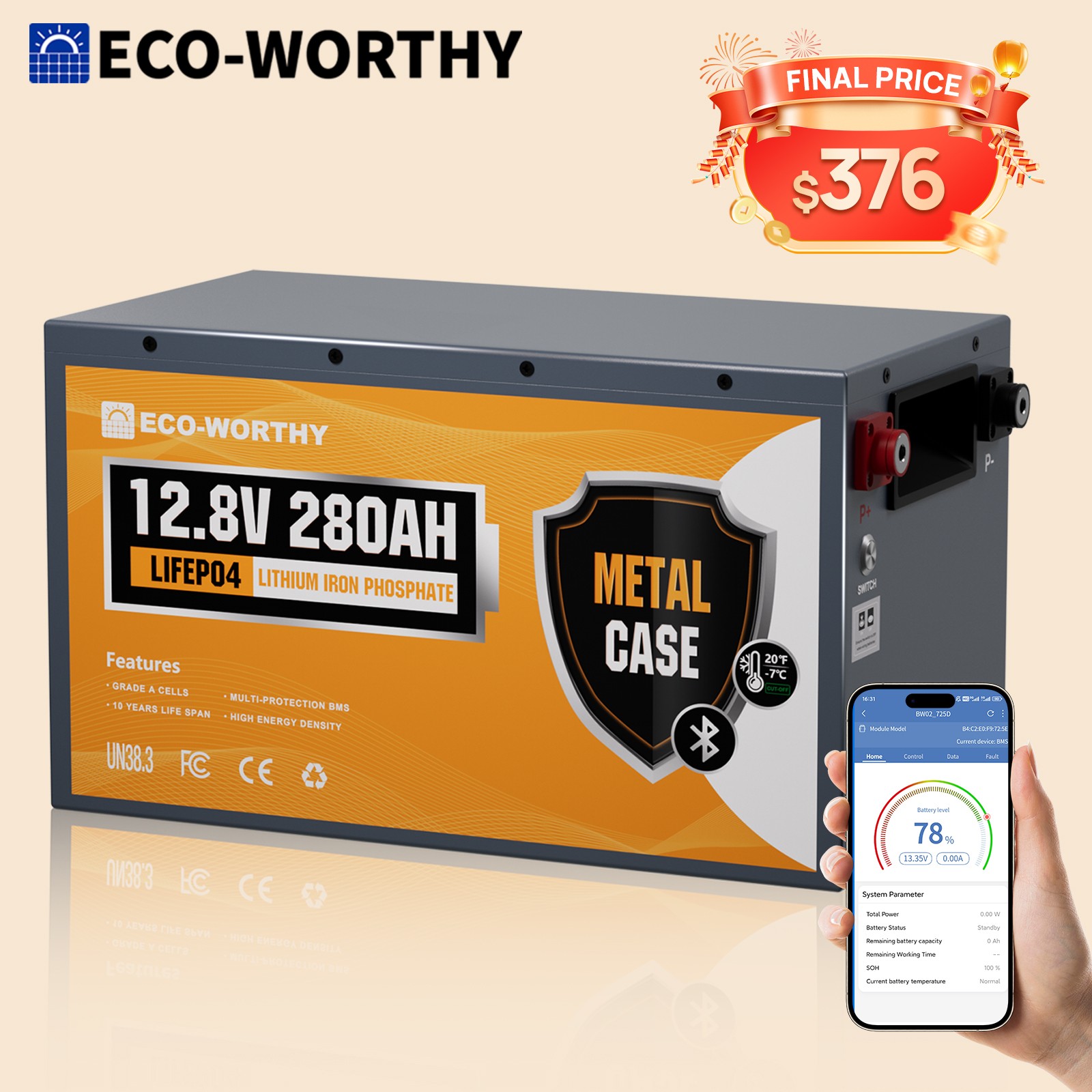 ECO-WORTHY 12V 280Ah 3584Wh Bluetooth Metal Case LiFePO4 Lithium Battery For RV