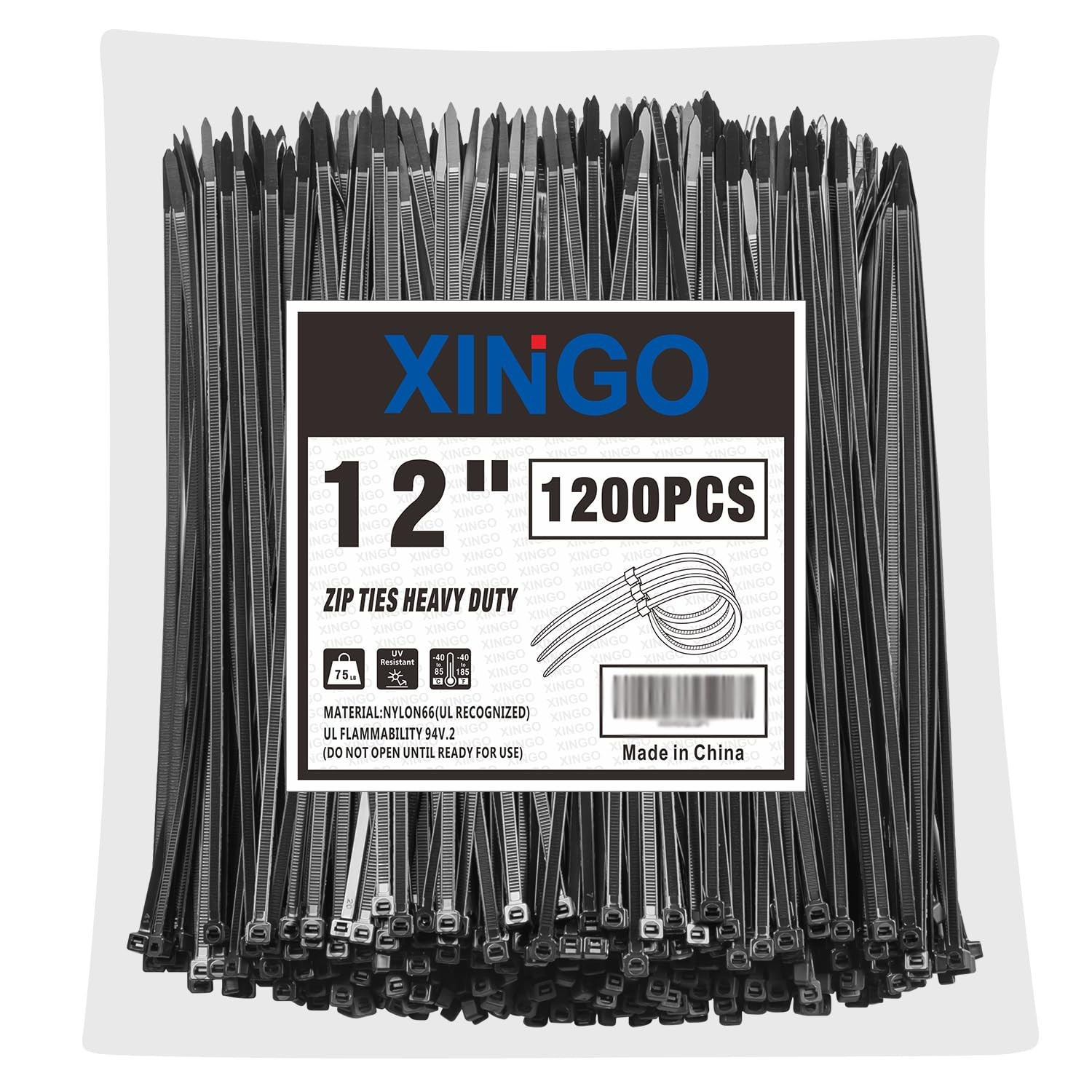 XINGO 12 Inch Black Zip Ties 1200 PCS, 75 LBS Tensile 12“(1200PCS),