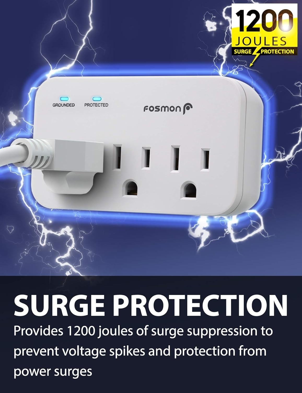 Compact 3-Outlet Heavy Duty Surge Protector for Fridge & Appliances – 1200J