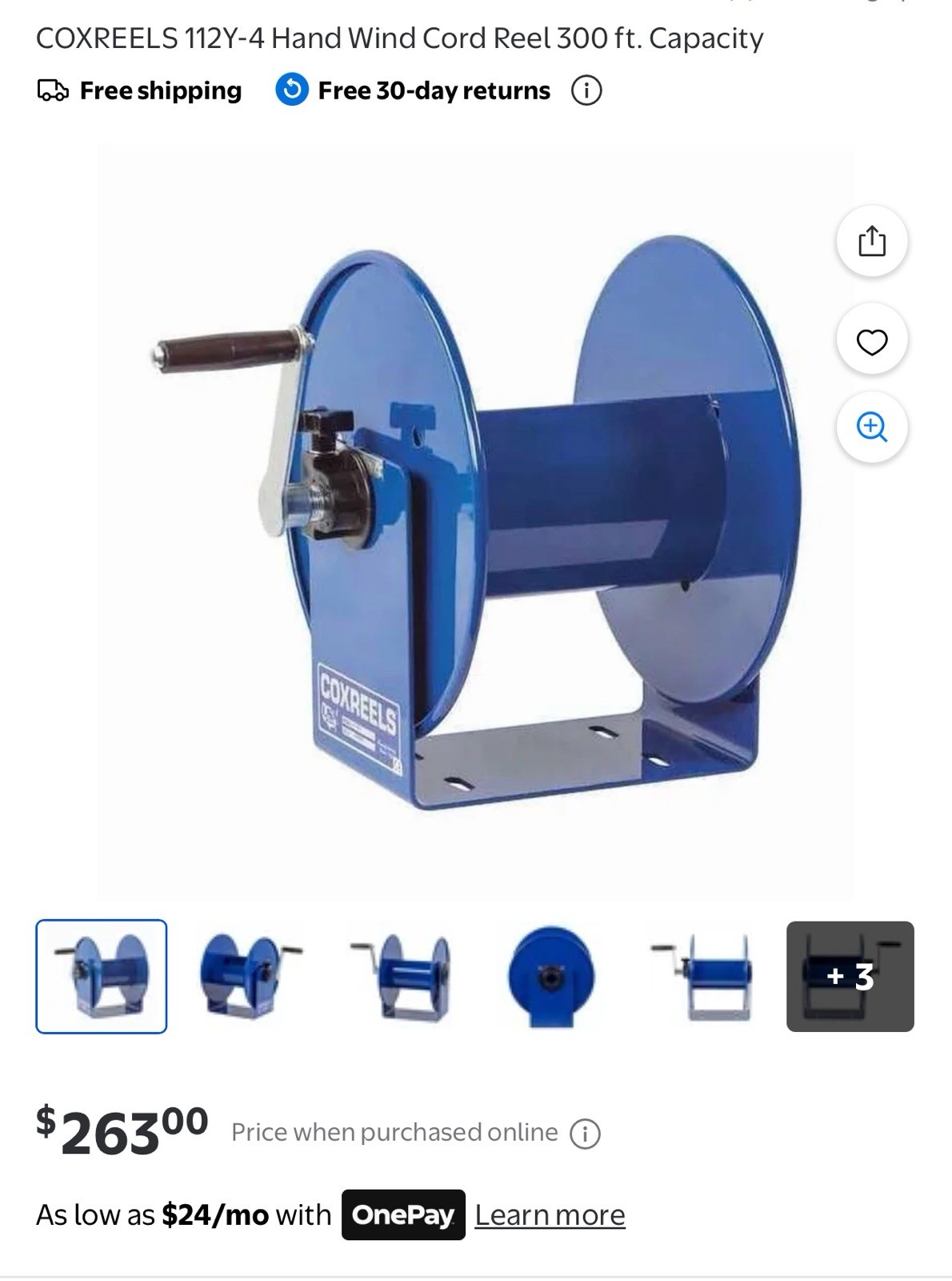 COXREELS 112Y-4 Hand Wind Cord Reel, 300 ft Capacity. New – Open Box