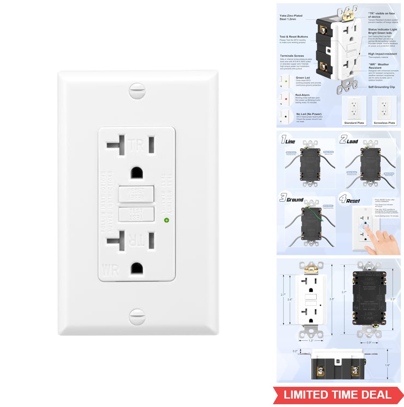 GFCI Outlet 20 Amp Self-Test WR Weather Resistant GFI Receptacle White