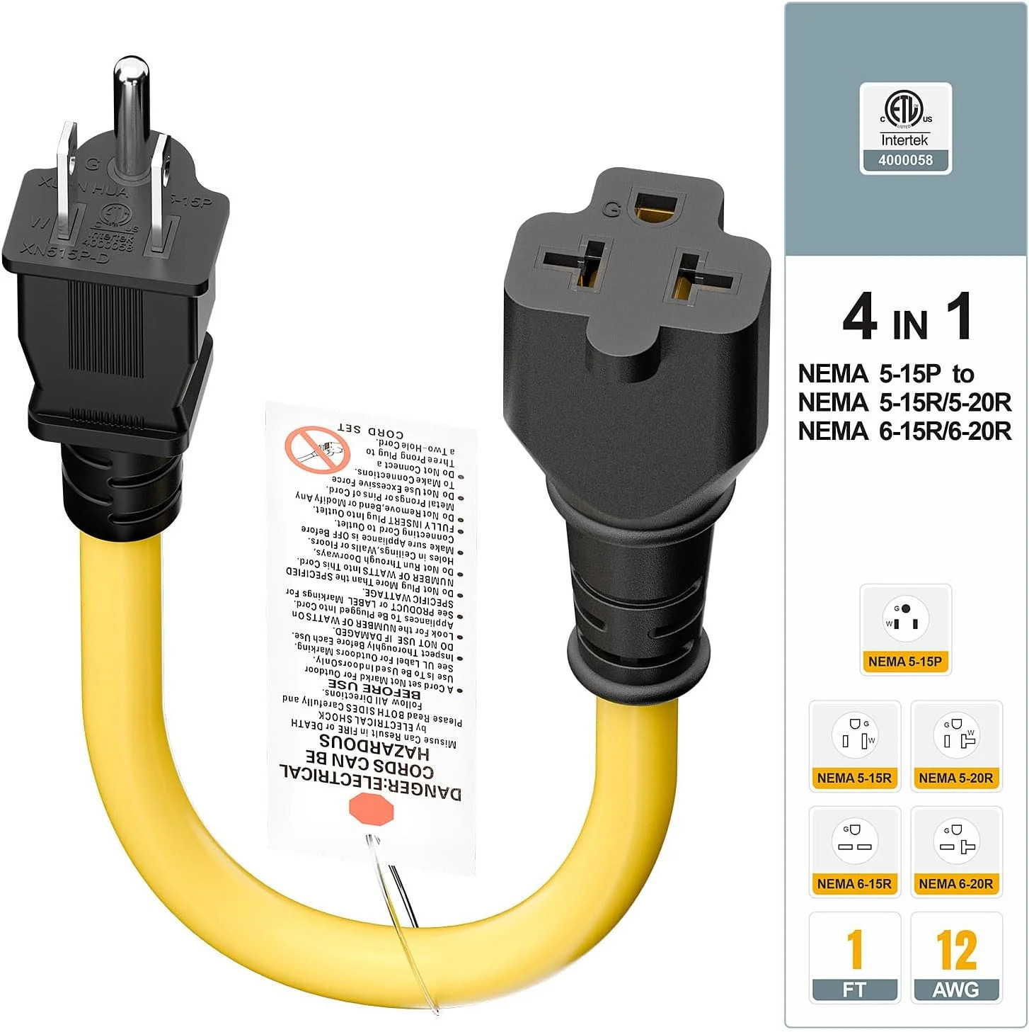 [4-in-1] 12AWG 15 Amp Household AC Plug to 20 Amp T Blade Adapter Cable, NEMA 5-