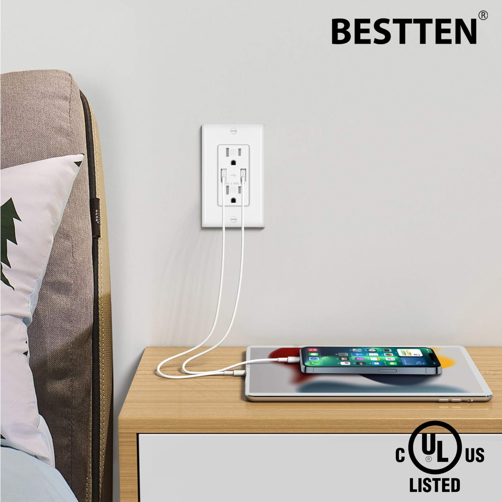 Bestten Usb Receptacle Outlet Electrical Outlet 4.8A Dual High Speed Type A