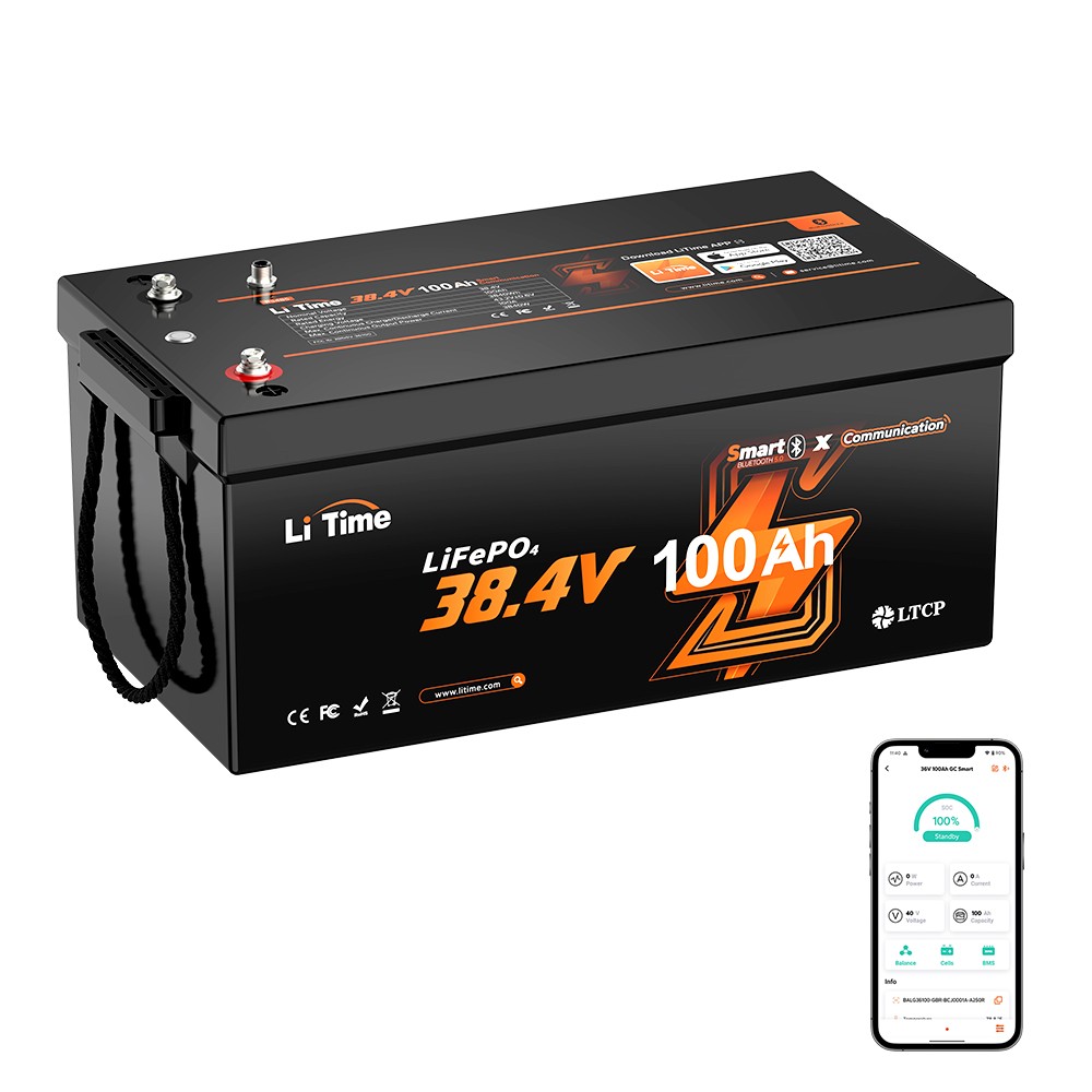 LiTime 36V 100Ah Bluetooth LiFePO4 Lithium Battery for Golf Cart Trolling Motor