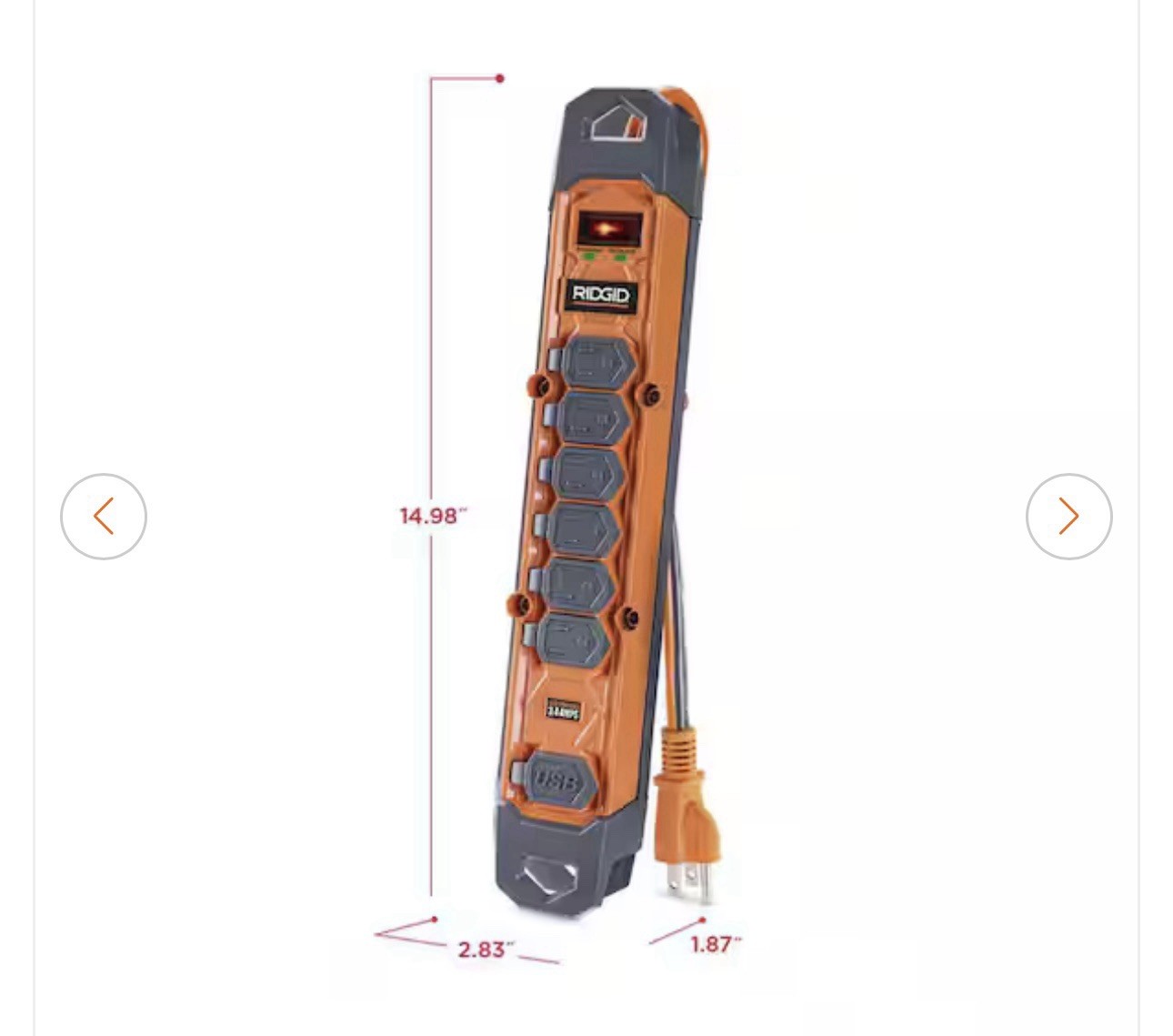 RIDGID Heavy Duty Surge Protector 6 Outlet 8FT Cord USB-C USB-A 2100J